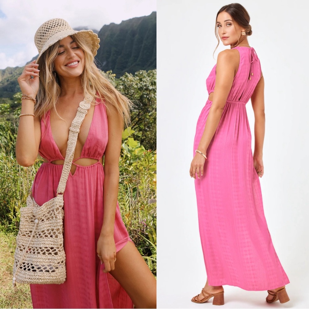 NEW L SPace X Hanna Montazami Rafael Cover Up Begonia Pink Maxi Dress Small
